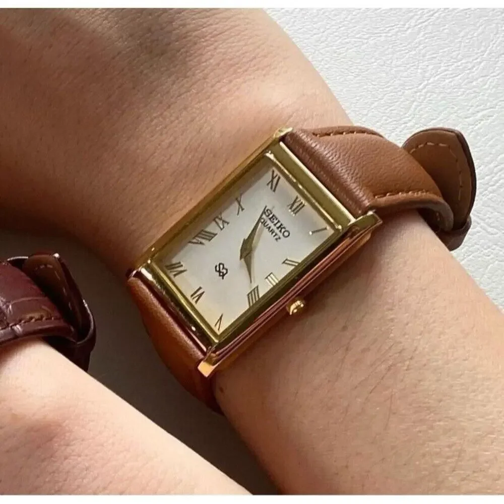 Vintage Style Seiko Quartz Mens Gold Watch & White accents W/ Leather Strap